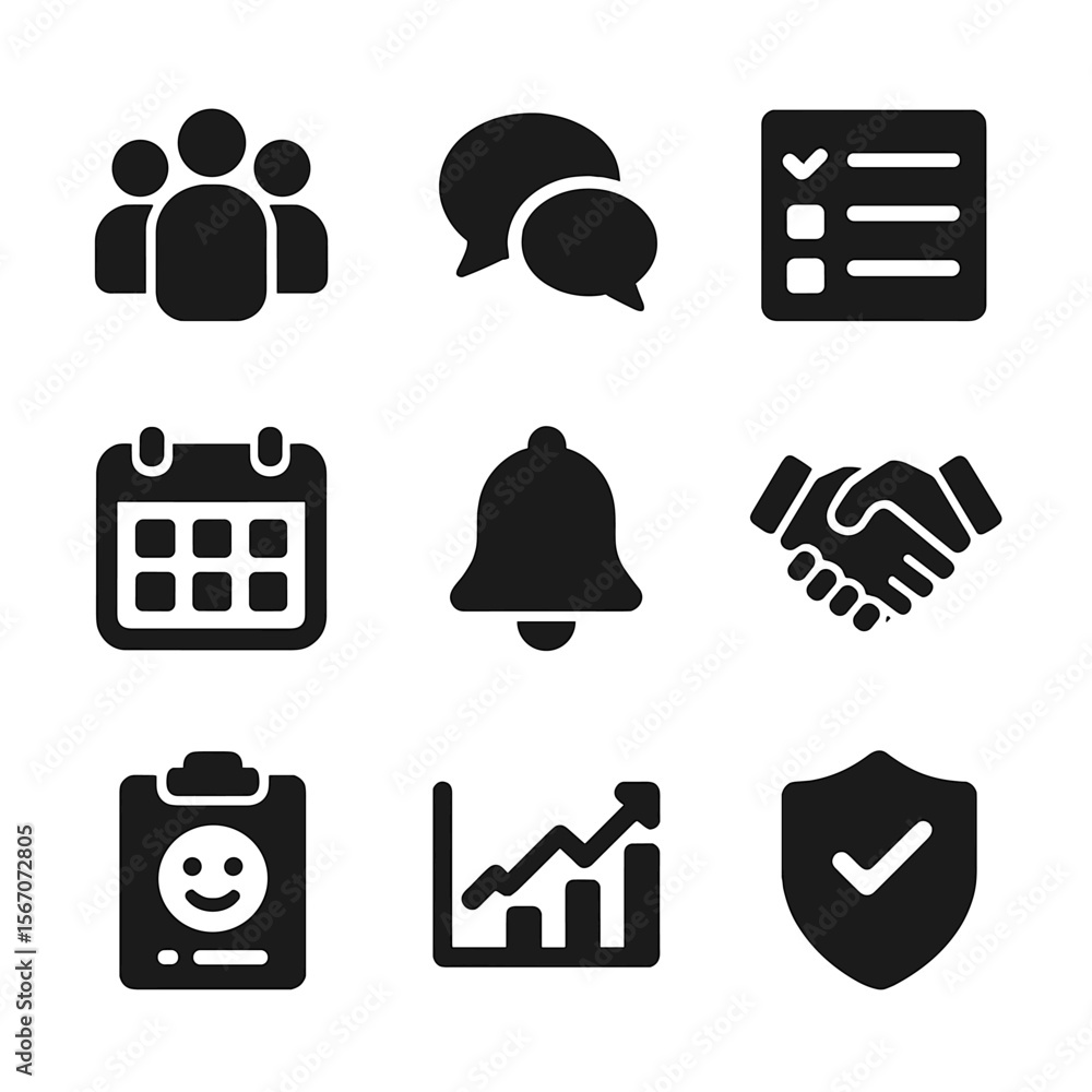 Poster community workflow icons. solid, filled icon set of community management workflow: user group, chat 
