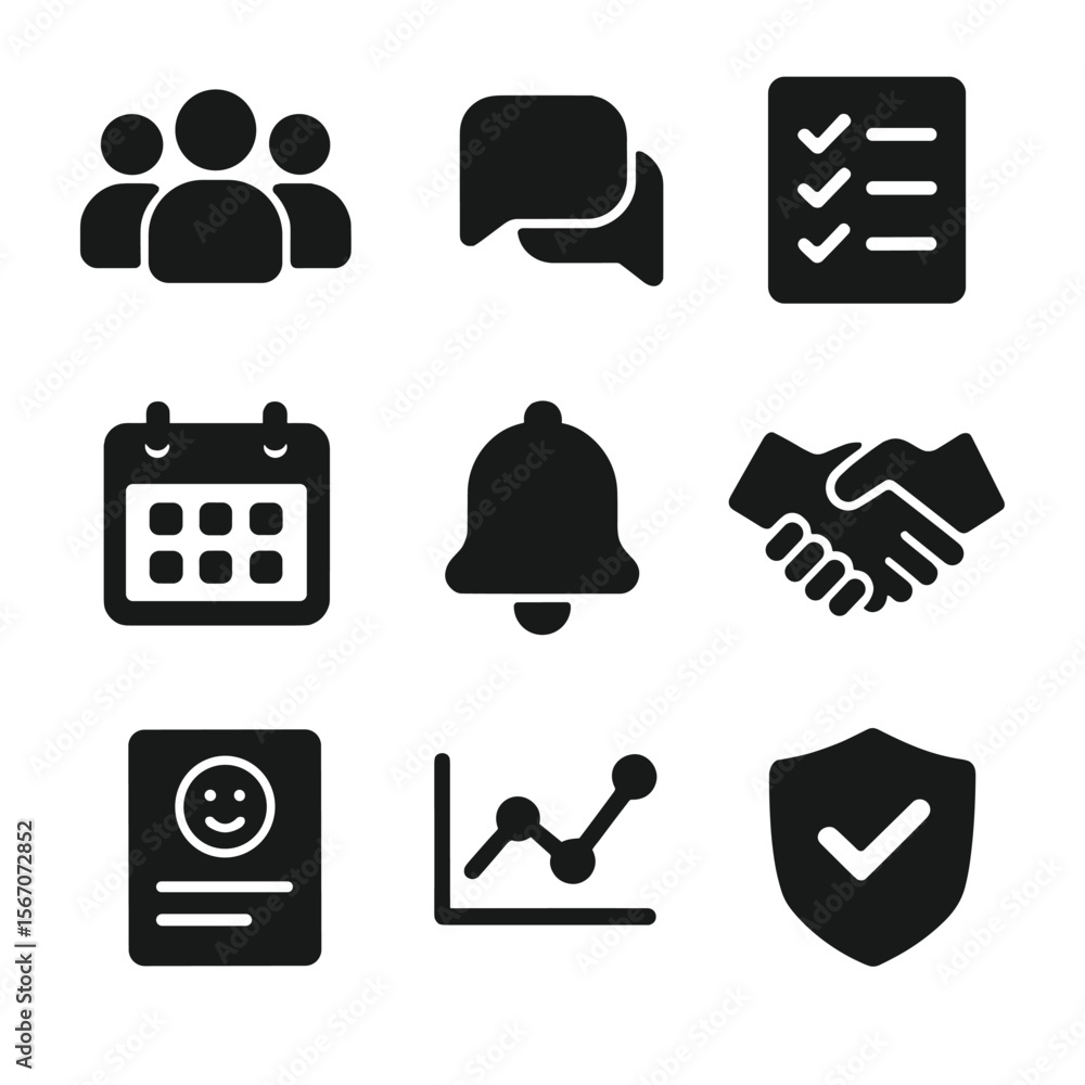 Poster community workflow icons. solid, filled icon set of community management workflow: user group, chat 