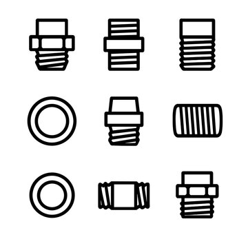 Pipe Thread Icon Set. Solid, filled icon set of pipe thread types: NPT thread, BSP thread, metric thread, straight thread, tapered