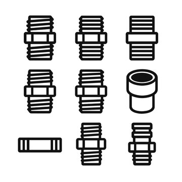 Pipe Thread Icon Set. Solid, filled icon set of pipe thread types: NPT thread, BSP thread, metric thread, straight thread, tapered