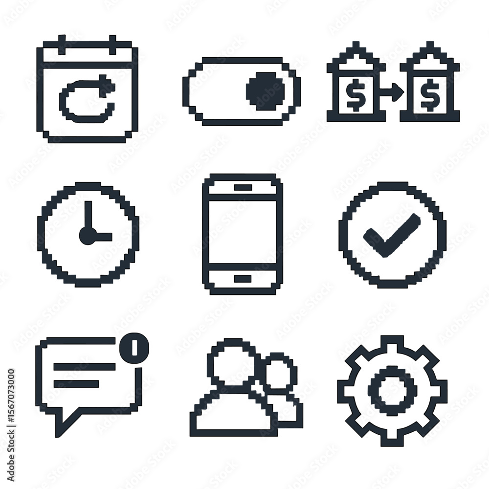 Aufkleber automated transfer icons. pixel art icon set of automated transfers: recurring calendar arrow, auto-