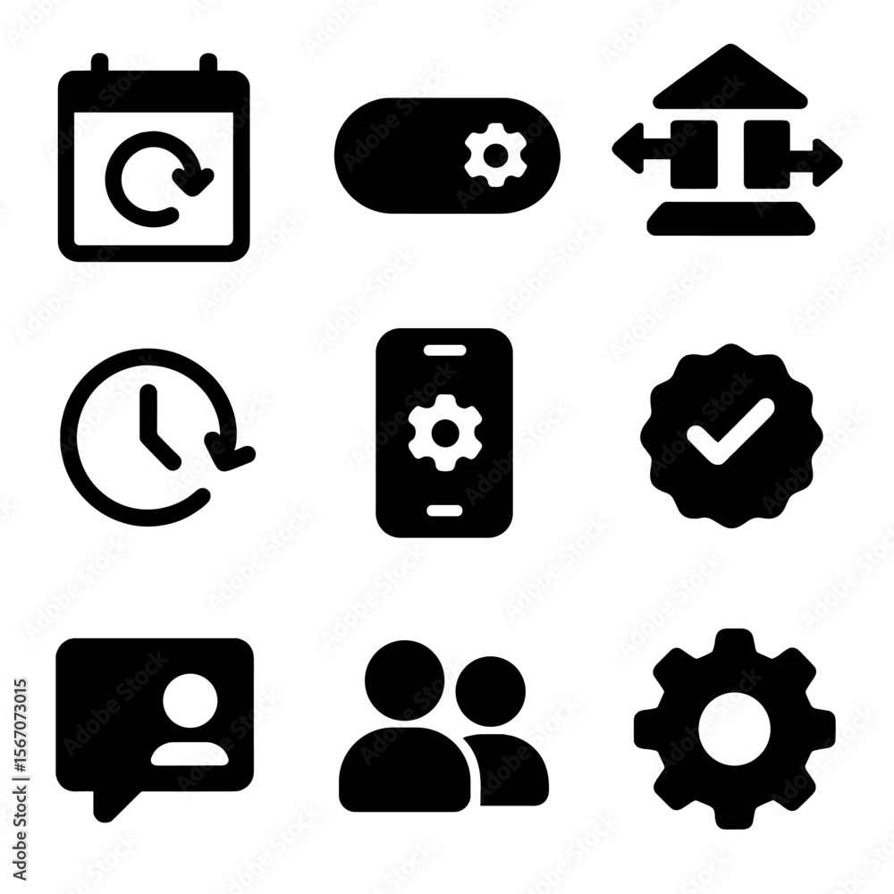 Poster automated transfer icons. solid, filled icon set of automated transfers: recurring calendar arrow, a