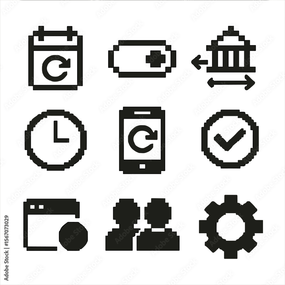 Poster automated transfer icons. pixel art icon set of automated transfers: recurring calendar arrow, auto-