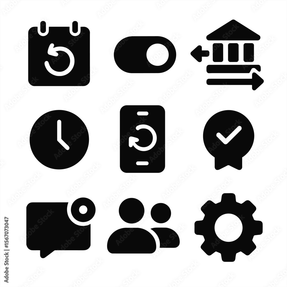 Poster automated transfer icons. solid, filled icon set of automated transfers: recurring calendar arrow, a