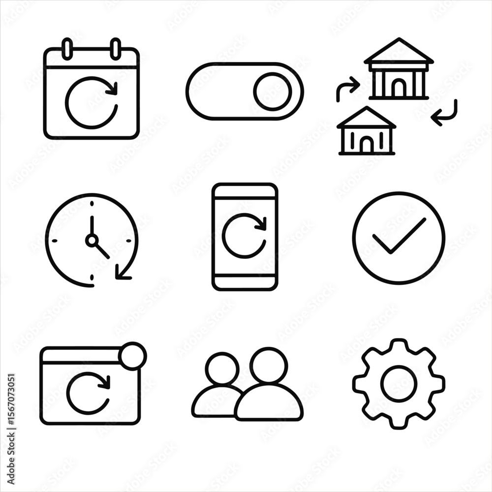 Poster automated transfers icons. outline icon set of automated transfers: recurring calendar arrow, auto-p