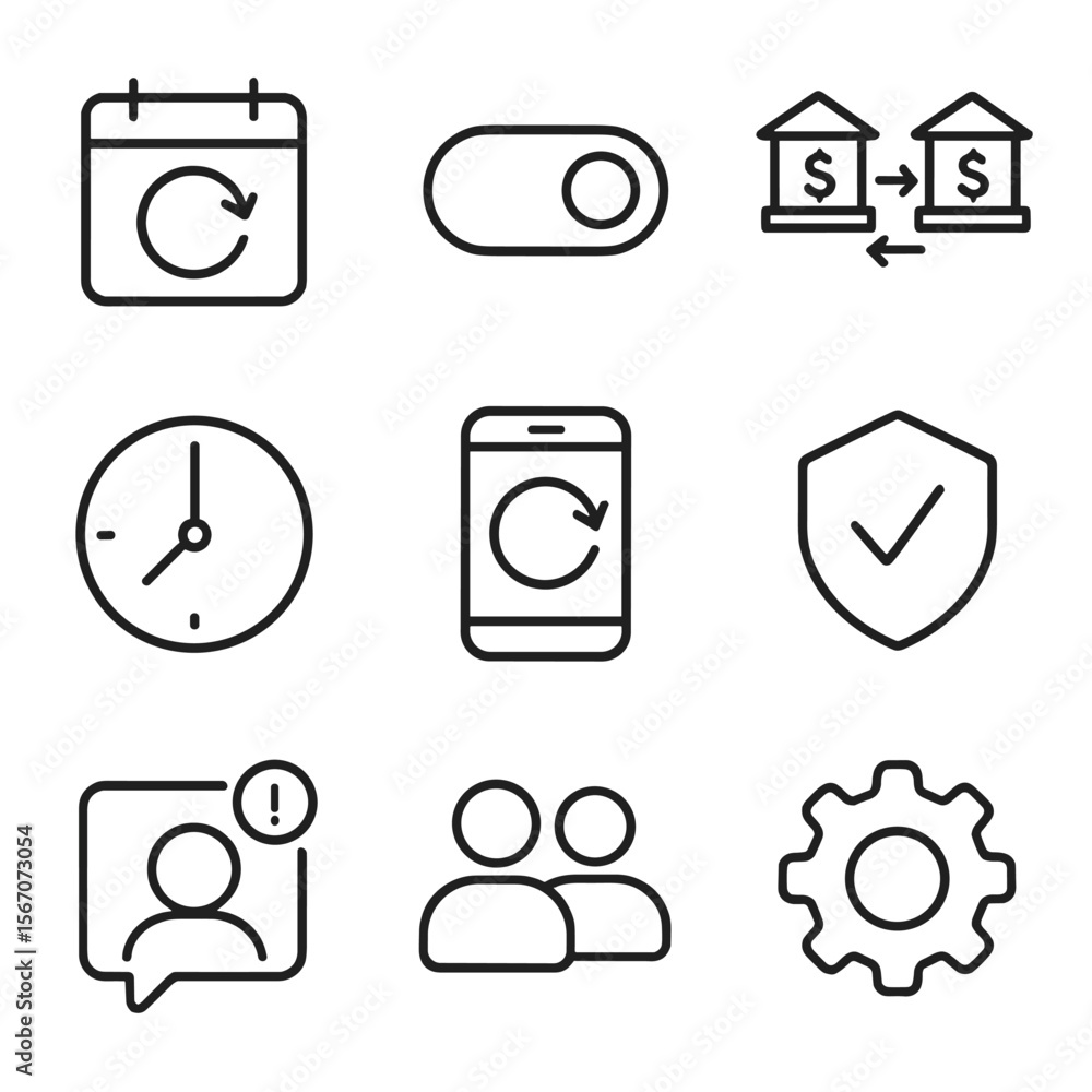 Poster automated transfers icons. outline icon set of automated transfers: recurring calendar arrow, auto-p