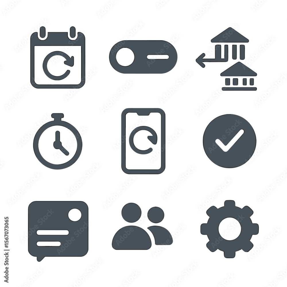 Aufkleber automated transfers icon set. flat icon set of automated transfers: recurring calendar arrow, auto-p
