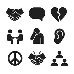 Conflict Resolution Icons. Solid, filled icon set of navigating conflicts with friends: handshake, speech bubble, broken heart,