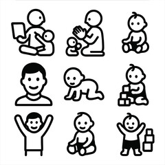 Father-Baby Interaction Icons. Solid, filled icon set of father teaching baby: father showing book, baby pointing, father clapping