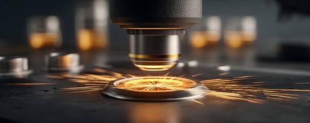 A lab setting featuring a close-up of a microscope examining radiant particles, highlighting ongoing scientific research and technological advancements with a futuristic tone, embodying a science