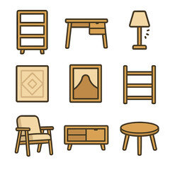 Scandinavian Furniture Icons. Solid, filled icons set of Scandinavian-inspired furniture: light wood shelf,