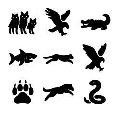 Fototapeta premium Predator Icon Set. Solid, filled icon set of hunting predators: wolf pack, eagle dive, crocodile snap, shark attack, cheetah