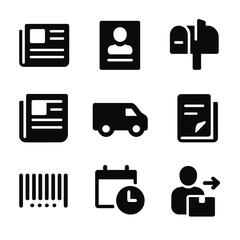 Print Subscription Icons. Solid, filled icon set of print subscriptions: newspaper stack, magazine cover, home mailbox, print