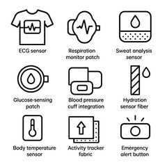 Smart Textile Health Icons. Outline icon set of health monitoring smart textiles: ECG sensor shirt, respiration monitor patch,