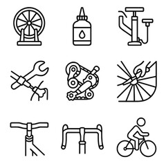Obraz premium Bicycle Maintenance Icons. Outline icon set of mechanics’ bicycle tasks: wheel truing stand, chain lubrication bottle, tire