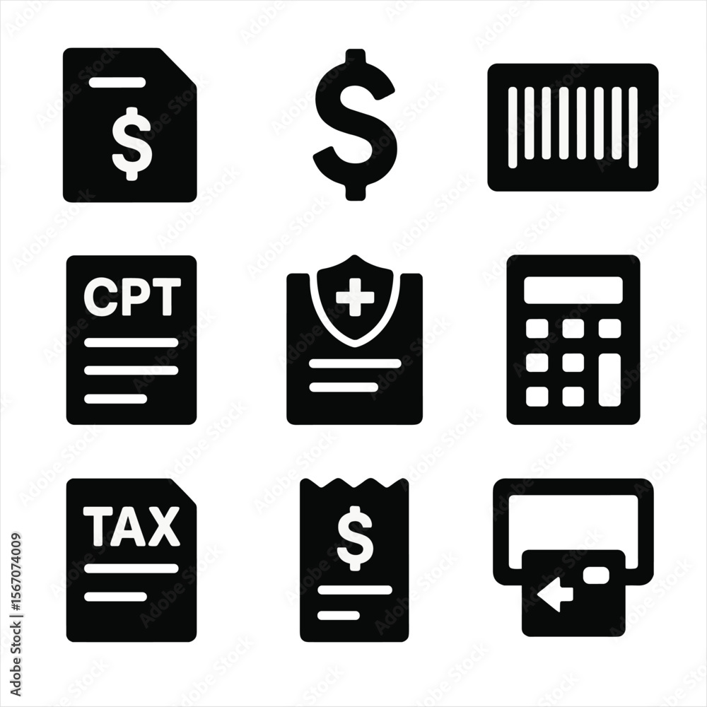 Aufkleber billing icon set. solid, filled icon set of billing and coding: invoice, dollar sign, barcode, cpt c