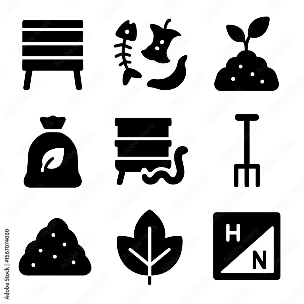 Poster composting icons grid. solid, filled icon set of composting practices: compost bin, food scraps, gar