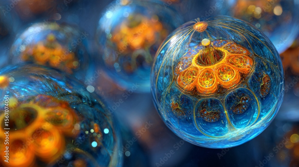 Poster glowing blue cells with a nucleus are illustrated in 3d on a dark background to represent the fields