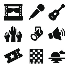 June Concert Icons. Solid, filled icons set of June concert outdoors: stage setup, microphone, guitar, crowd