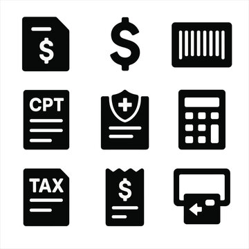 Billing Icon Set. Solid, Filled icon set of billing and coding: invoice, dollar sign, barcode, CPT code list, insurance claim,