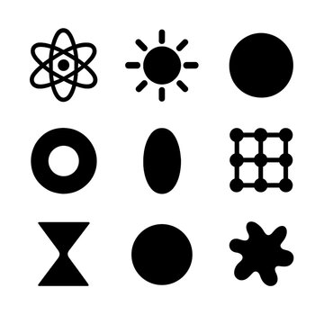 Quantum Particle Icons. Solid, filled icon set of quantum particles: electron, photon, proton, neutron, neutrino, gluon, boson,