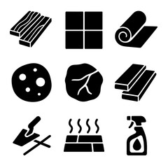 Fototapeta premium Kitchen Flooring Icons. Solid, filled icons set of flooring options for kitchens: hardwood plank, ceramic tile