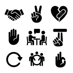 Fototapeta premium Conflict Resolution Icons. Solid, filled icon set of conflict resolution: handshake, peace sign, broken heart repair, apology hand