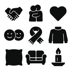 Cozy Affection Icons. Solid, filled icon set of affectionate gestures: hand holding, hugging figures, heart symbol, smiling faces,