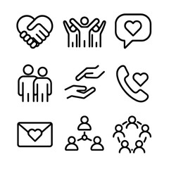 Support Icons Grid. Outline icon set of supportive connections: handshake over heart, group silhouette with uplifted arms, speech