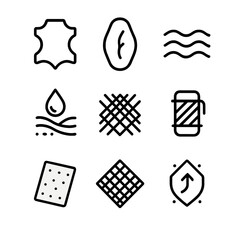 Boot Material Icons. Outline icon set of boot materials: leather, suede, rubber, neoprene, synthetic fabric, canvas, mesh,