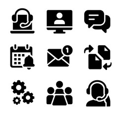 Remote Work Icons. Solid, filled icon set of remote work communication: laptop with headset, video call screen, chat bubbles,