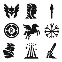 Valkyrie Icon Grid. Solid, filled icons set of valkyries: winged helmet, braided warrior, battle spear, shield