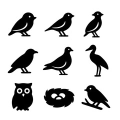Obraz premium Early Morning Birds. Solid, filled icon set of early morning birdlife: sparrow, finch, lark, crow, dove, crane, owl in silhouette,
