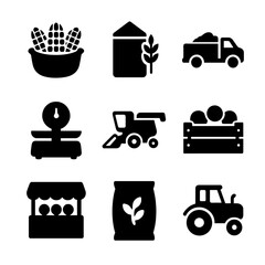 Crop Yield Icons. Solid, filled icon set of crop yield and harvest: basket, grain silo, truck, weighing scale, harvesting machine,