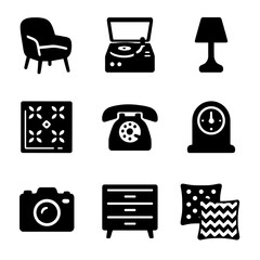 Retro Icons Collection. Solid, filled icon set of vintage and retro interior styles: mid-century chair, record player, retro lamp,