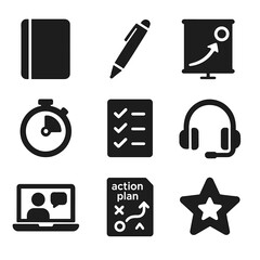 Coaching Tools Icons. Solid, filled icons set of coaching tools and resources: notebook, pen icon, goal chart,