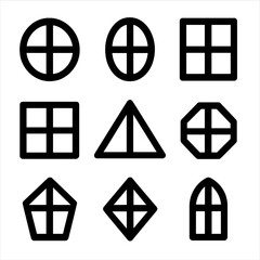 Geometric Window Icons. Solid, filled icon set of old window shapes and forms: round window, oval window, rectangular window,