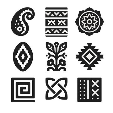 Cultural Icon Set. Solid, filled icon set of cultural bold prints: paisley, tribal pattern, mandala, ikat, batik, Aztec symbols,