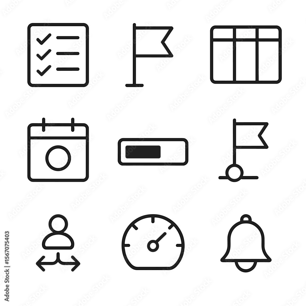 Poster task management icons. outline icon set of task management and prioritization: task list with checkb