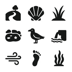 Coastal Nature Walk Icons. Solid, filled icons set of coastal nature walks: beach trail, shell icon, dune