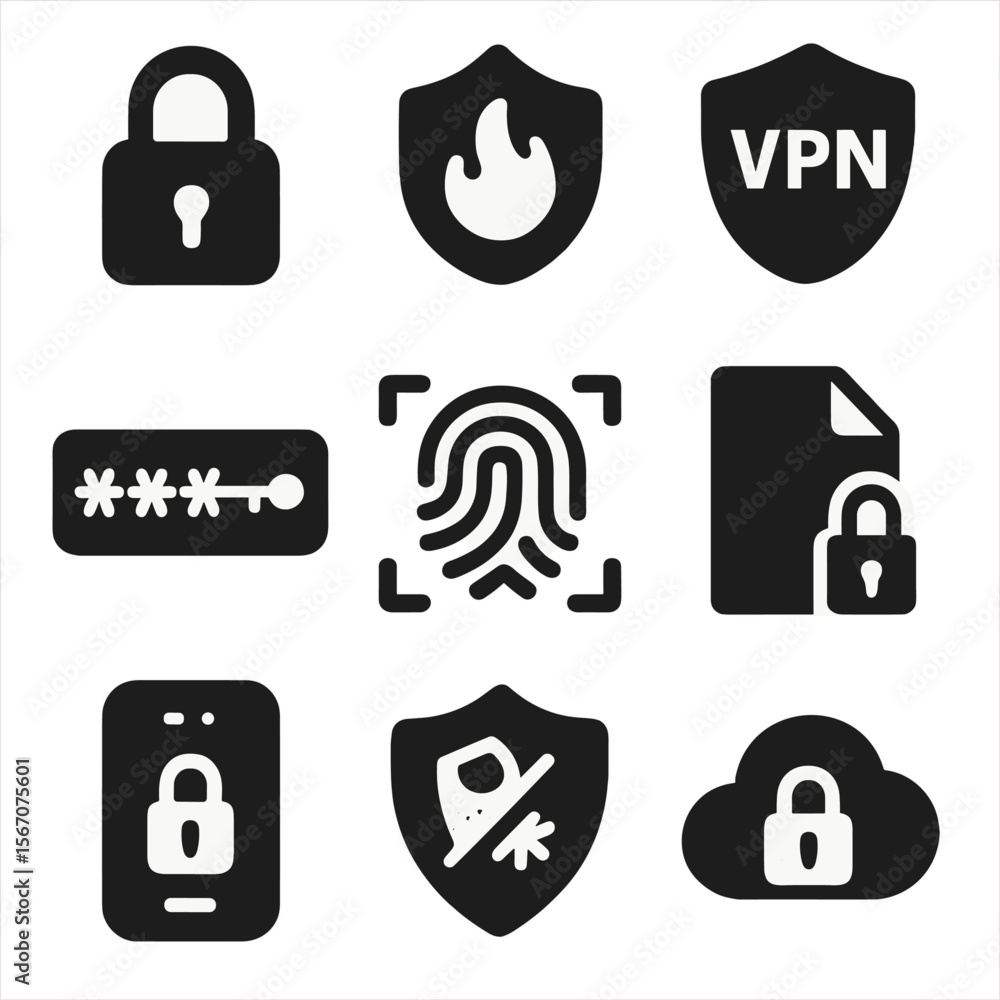 Poster cybersecurity icon grid. solid, filled icon set of cybersecurity and data protection: lock symbol, f