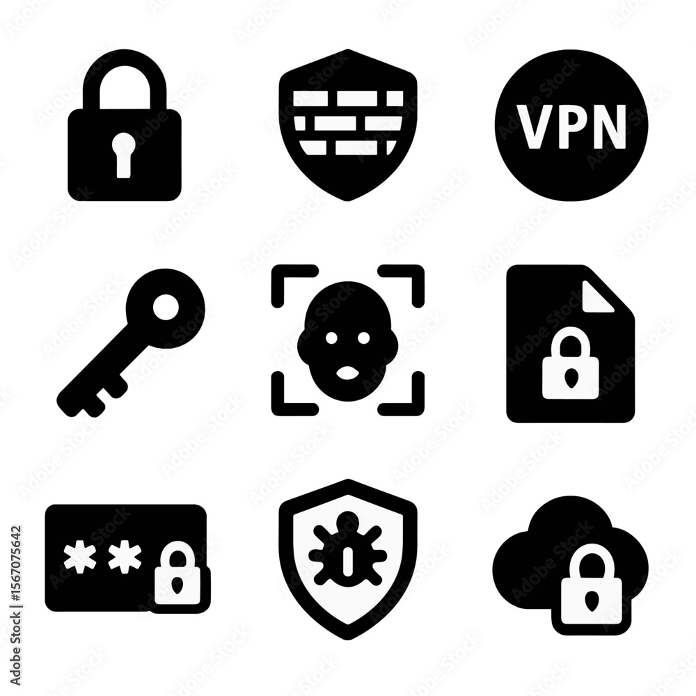 Poster cybersecurity icon grid. solid, filled icon set of cybersecurity and data protection: lock symbol, f