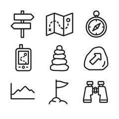 Trail Navigation Icons. Outline icon set of trail navigation and wayfinding: trailhead signpost, map with route line, compass with