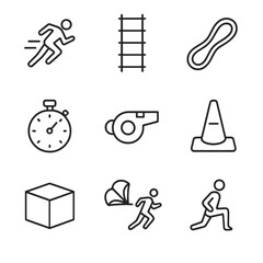 Training Drill Icons. Outline icon set of training drills and workouts: sprint lane silhouette, agility ladder, resistance band,