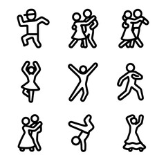 Dance Styles Icons. Solid, filled icon set of dance styles: hip hop, salsa, tango, ballet, jazz, contemporary, waltz, breakdance,