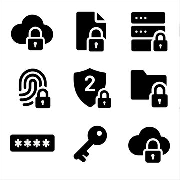 Secure Cloud Icons. Solid, filled icon set of secure cloud storage: padlock cloud, encrypted file, secure server, fingerprint lock