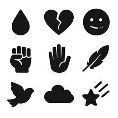 Fototapeta premium Emotional Icon Set. Solid, filled icon set of fleeting emotions: tear drop, broken heart, fading smile, clenched fist, open hand,