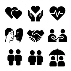 Emotional Connection Icons. Solid, filled icon set of emotional connection: two hearts, bonding icon, empathy hands, shared