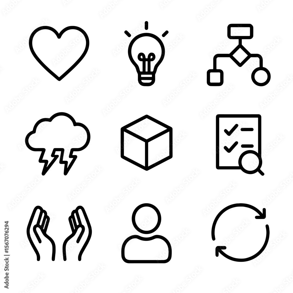 Poster design thinking icons. solid, filled icon set of design thinking: empathy heart, idea lightbulb, flo