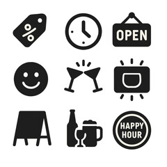 Happy Hour Icons. Solid, filled icon set of happy hour signs and promotions: discount tag, clock icon, open hours board, happy